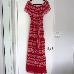 Red floral off the shoulder maxi dress
